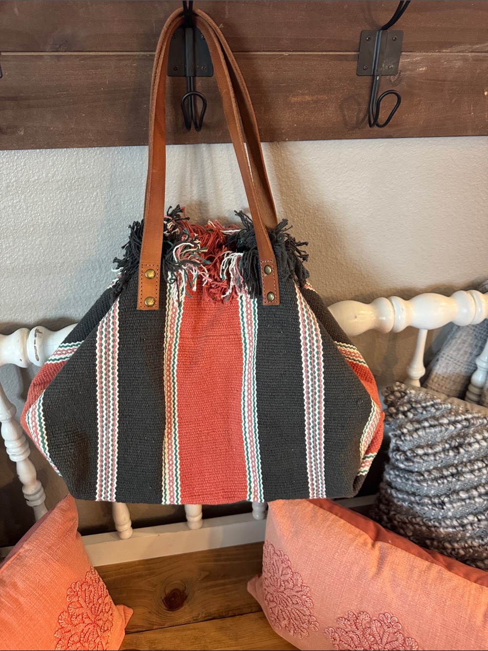 Free People- EUC Striped Woven Tote Bag with Leather Handles - Coral & Charcoal